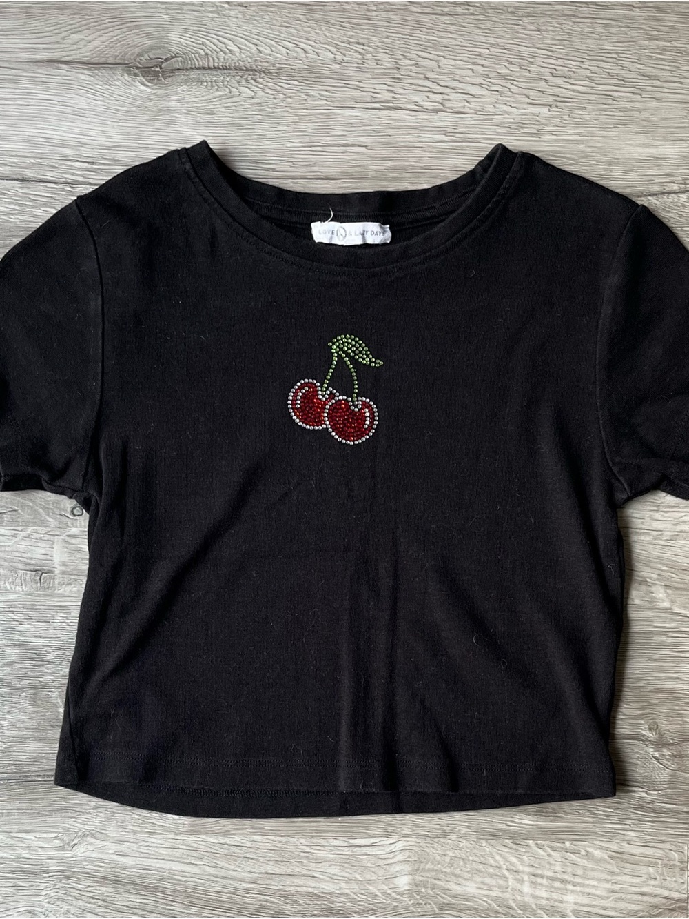 Black Crop Tee with Rhinestone Cherry Motif
